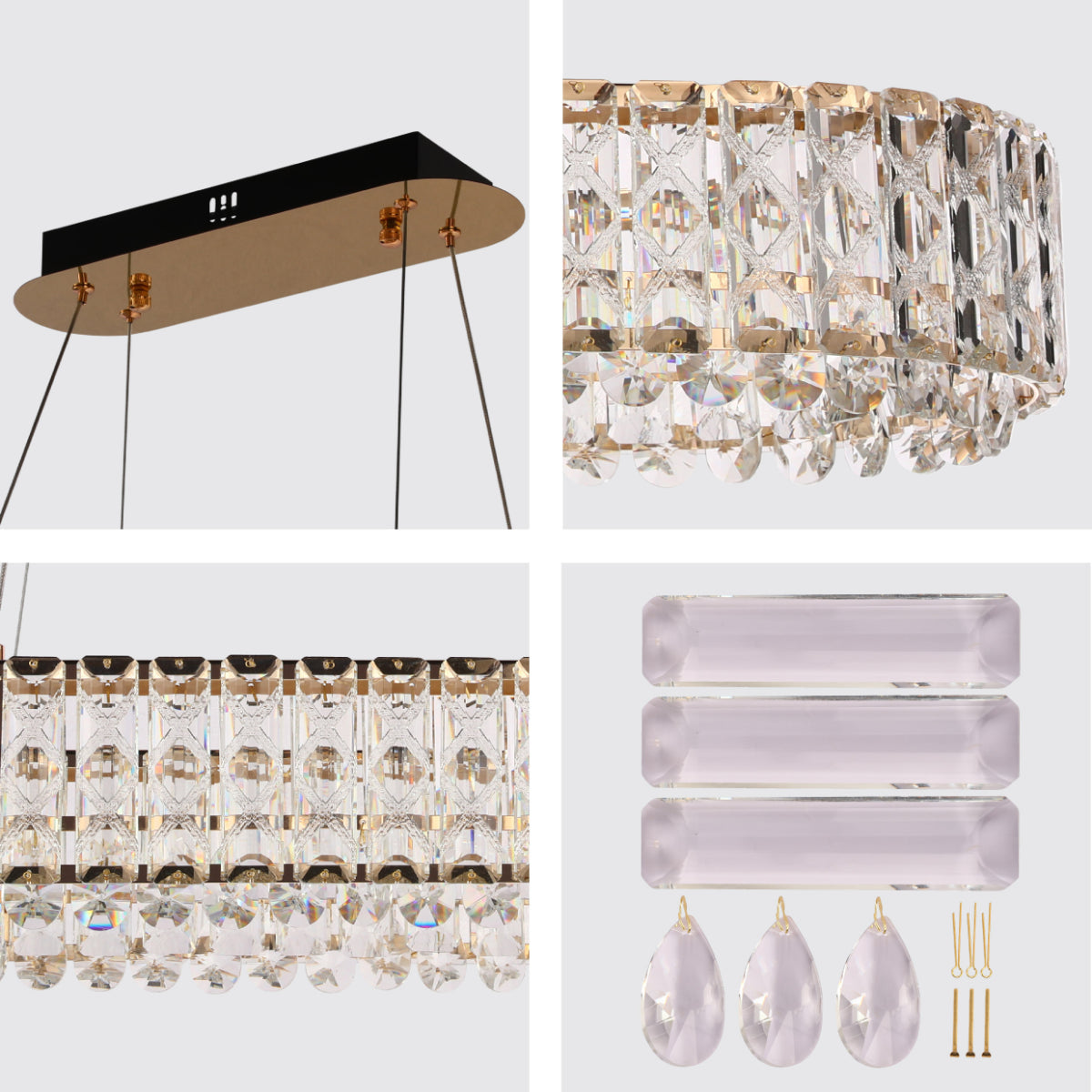 Primer plano de un elegante candelabro de cristal dorado, ideal para comedores con estilo clásico y moderno, control remoto incluido.