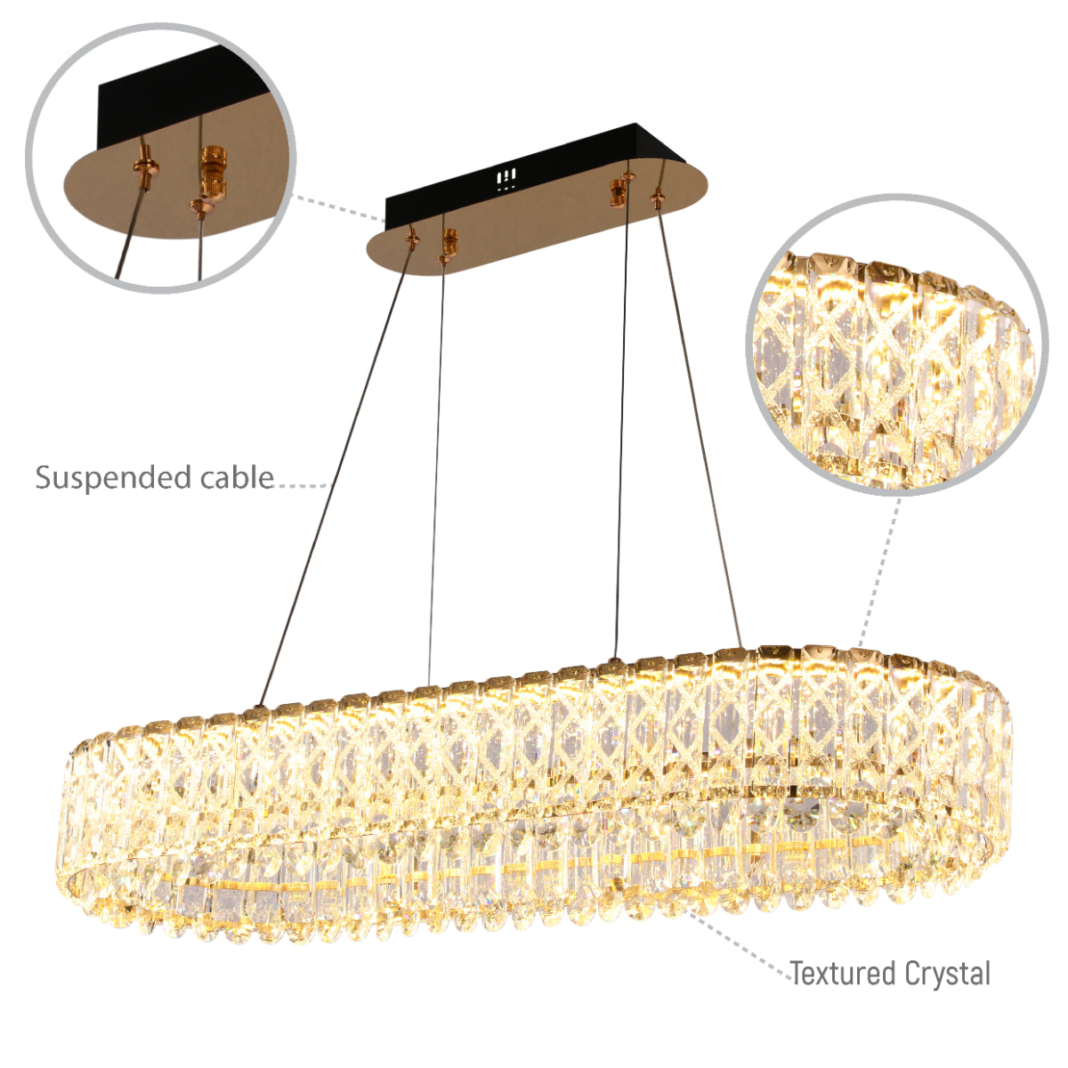 Lámpara colgante de cristal dorado con control remoto, ideal para salones elegantes y decoración contemporánea.