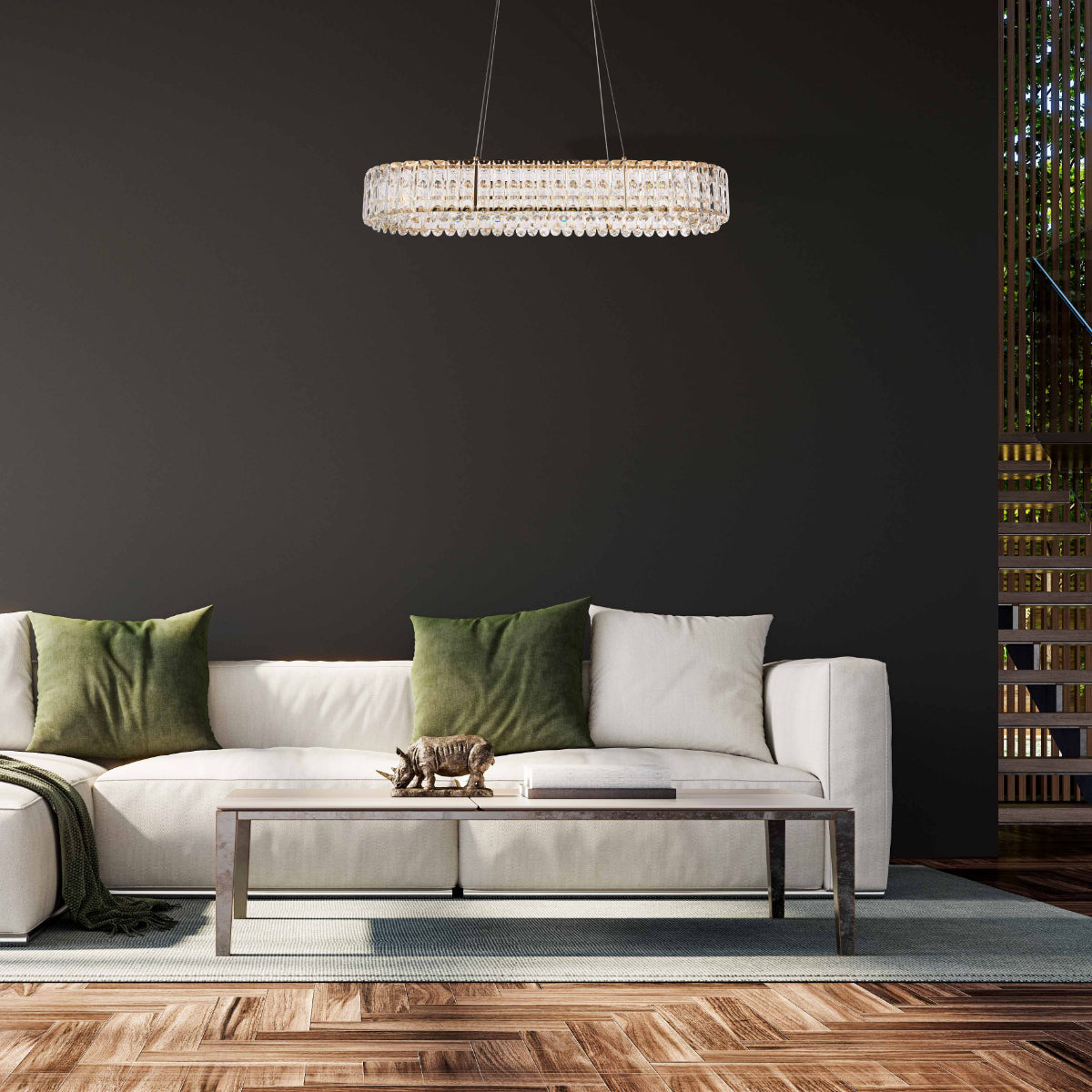 Lámpara de araña con cristales y control remoto, ideal para salones amplios con decoración moderna y elegante.