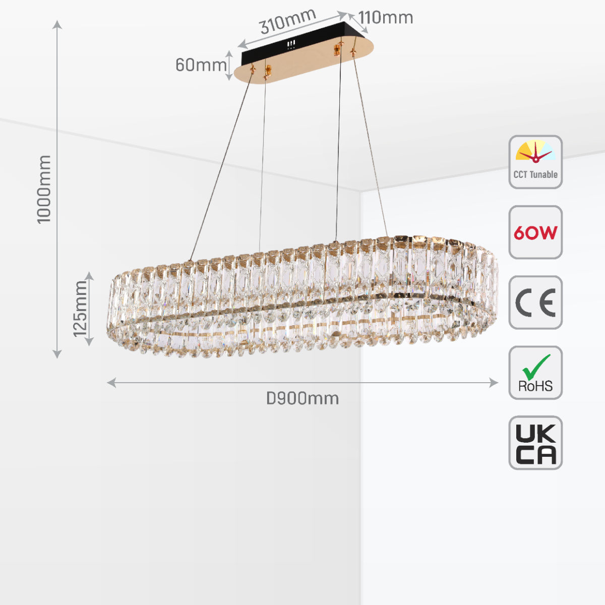 Lámpara de araña dorada con cristales colgantes, perfecta para salones elegantes con estilo contemporáneo, control remoto incluido.