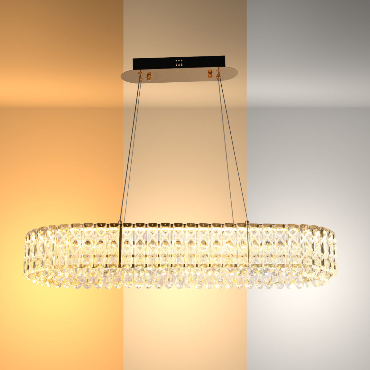 Lámpara de cristal en forma de candelabro dorado, ideal para salas de estar con decoración moderna y elegante. Control remoto incluido.