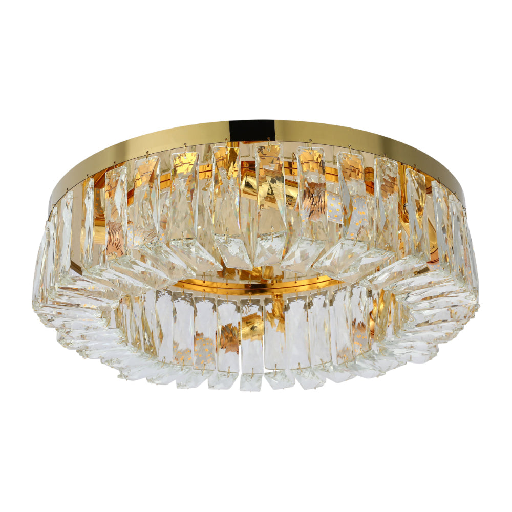 Luz de candelabro de cristal redonda, ideal para salones elegantes con decoraciones modernas y toques dorados.