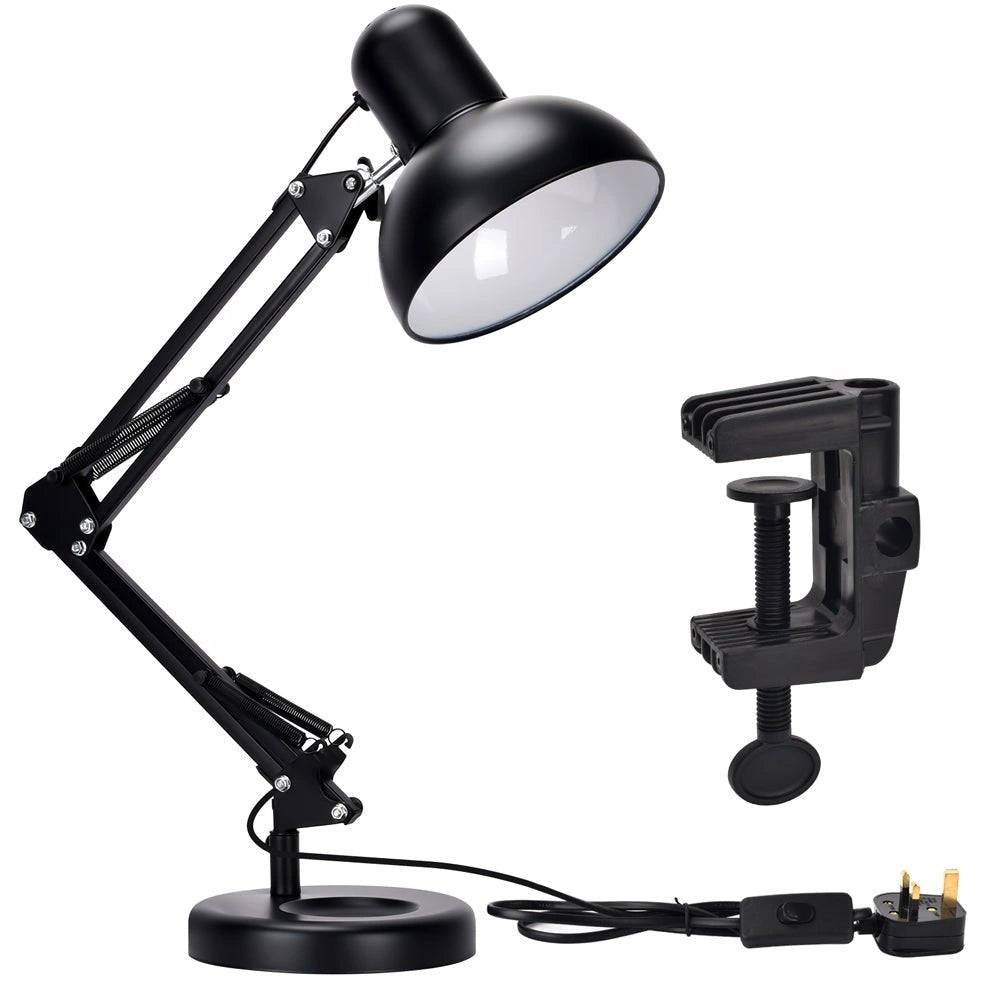 Close up of Atlas Architect Swing Arm Black Desk Lamp with Clip E27