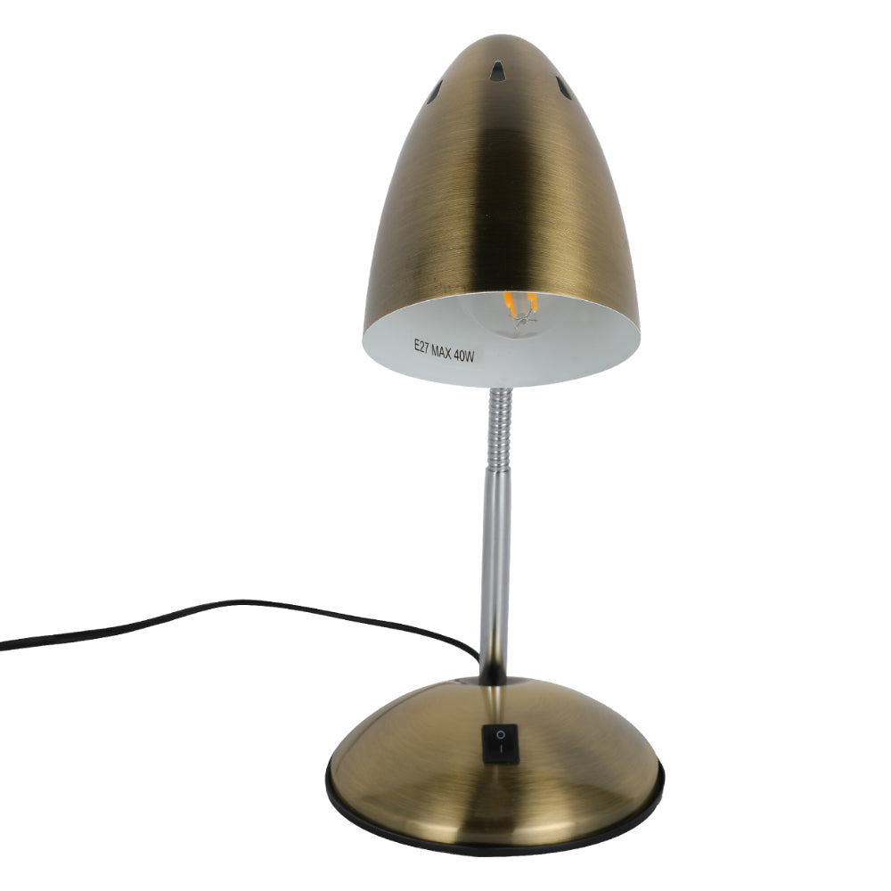 Lámpara de escritorio de metal con cuello flexible, ideal para oficinas modernas y espacios de trabajo contemporáneos.