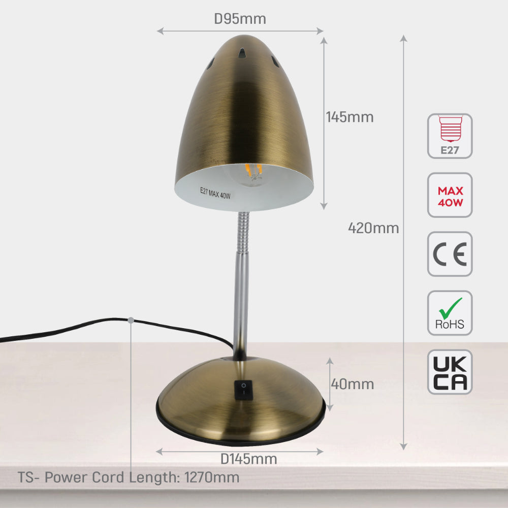 Lámpara de escritorio de metal con cuello flexible, ideal para oficinas con estilo industrial, proporcionando luz direccional y funcional.