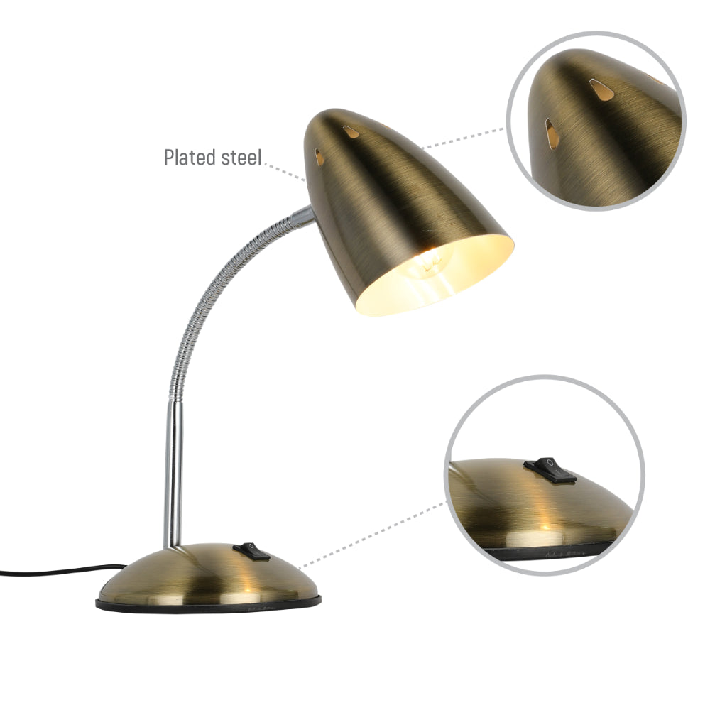 Lámpara de escritorio metálica con cuello flexible, ideal para oficinas modernas y estudios de trabajo. Funcional y elegante.