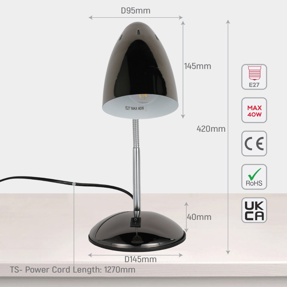 Lámpara de escritorio metálica con cuello flexible, perfecta para oficinas modernas y estudios. Ideal para iluminación funcional y estilizada.