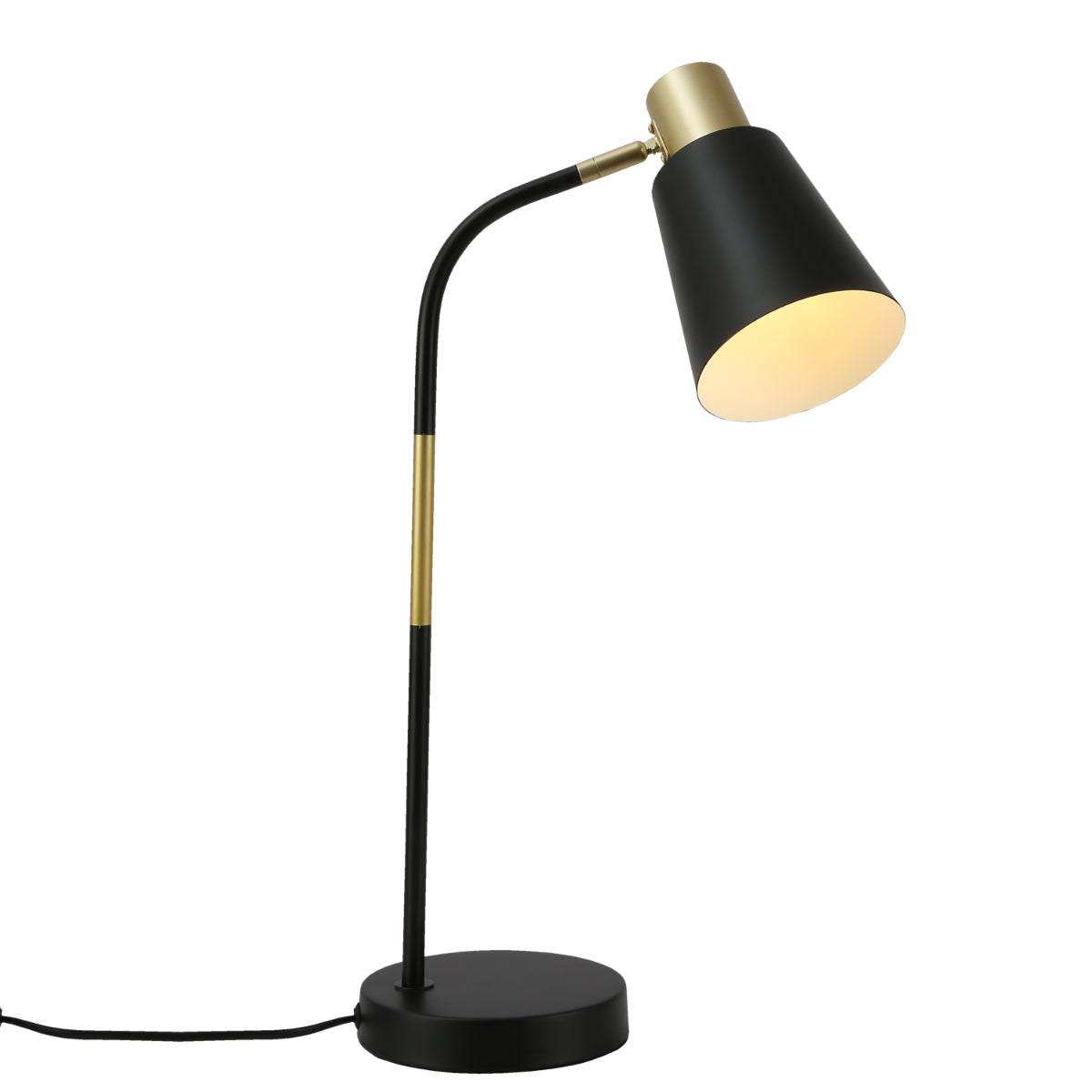 Lámpara de mesa con diseño curvo de metal, perfecta para oficinas con decoración moderna. Ideal para iluminación de trabajo.