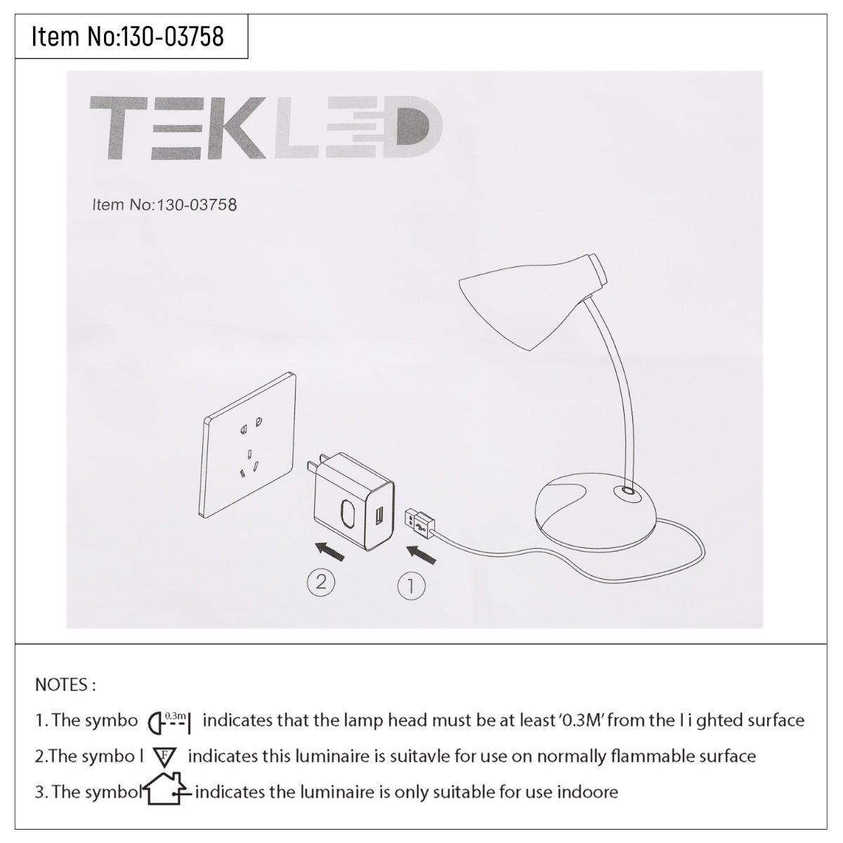 Dibujo técnico de lámpara de escritorio LED de cuello ajustable, con detalles de dimensiones y especificaciones para instalación.