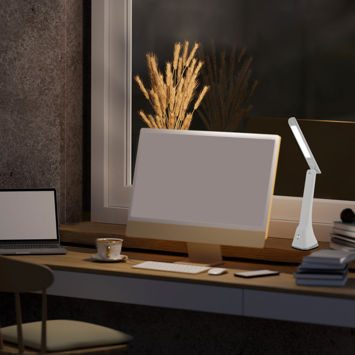 Lámpara de mesa LED plegable con control táctil, perfecta para oficinas con decoración moderna y minimalista.