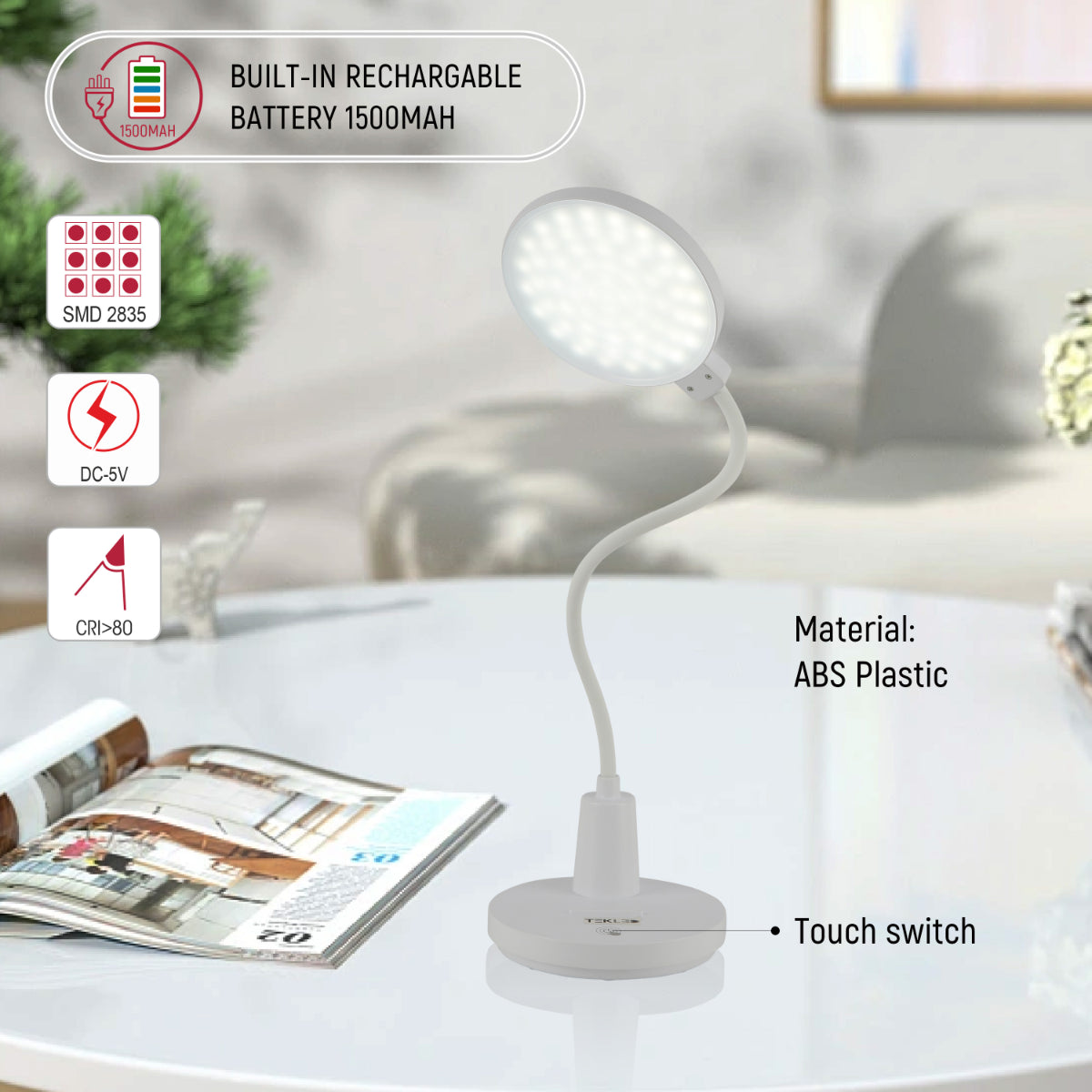 Lámpara de escritorio LED de cuello flexible, ideal para oficinas modernas, con diseño elegante y funcionalidad recargable.