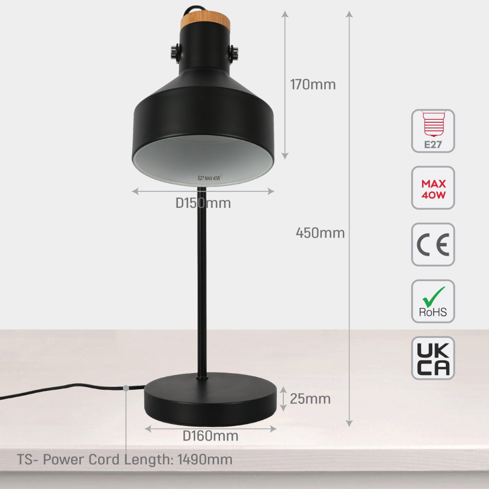 Lámpara de escritorio moderna con acentos de madera, perfecta para oficinas con estilo contemporáneo y decoración minimalista.