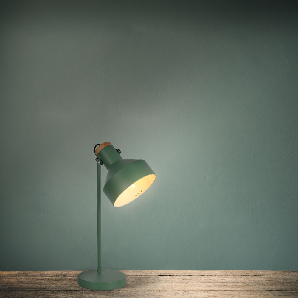 Lámpara de escritorio moderna con acento de madera, ideal para oficinas con decoración contemporánea y funcional.