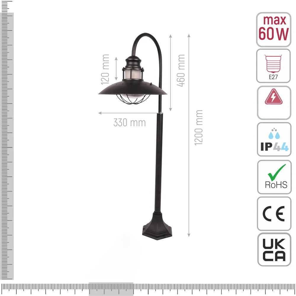 Technical specifications and measurements for Sunflower Bollard Lawn Lamp Matt Black Clear Glass E27
