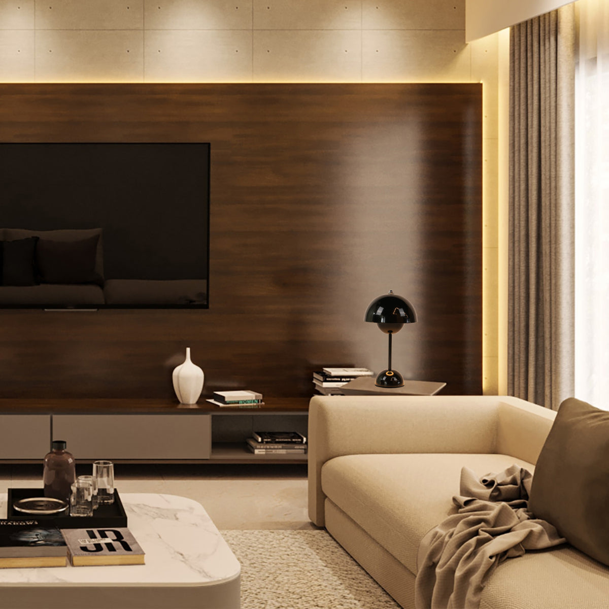 Lámpara de mesa LED esférica, ideal para salas modernas, proporcionando elegancia con su diseño dual de color en un ambiente acogedor.
