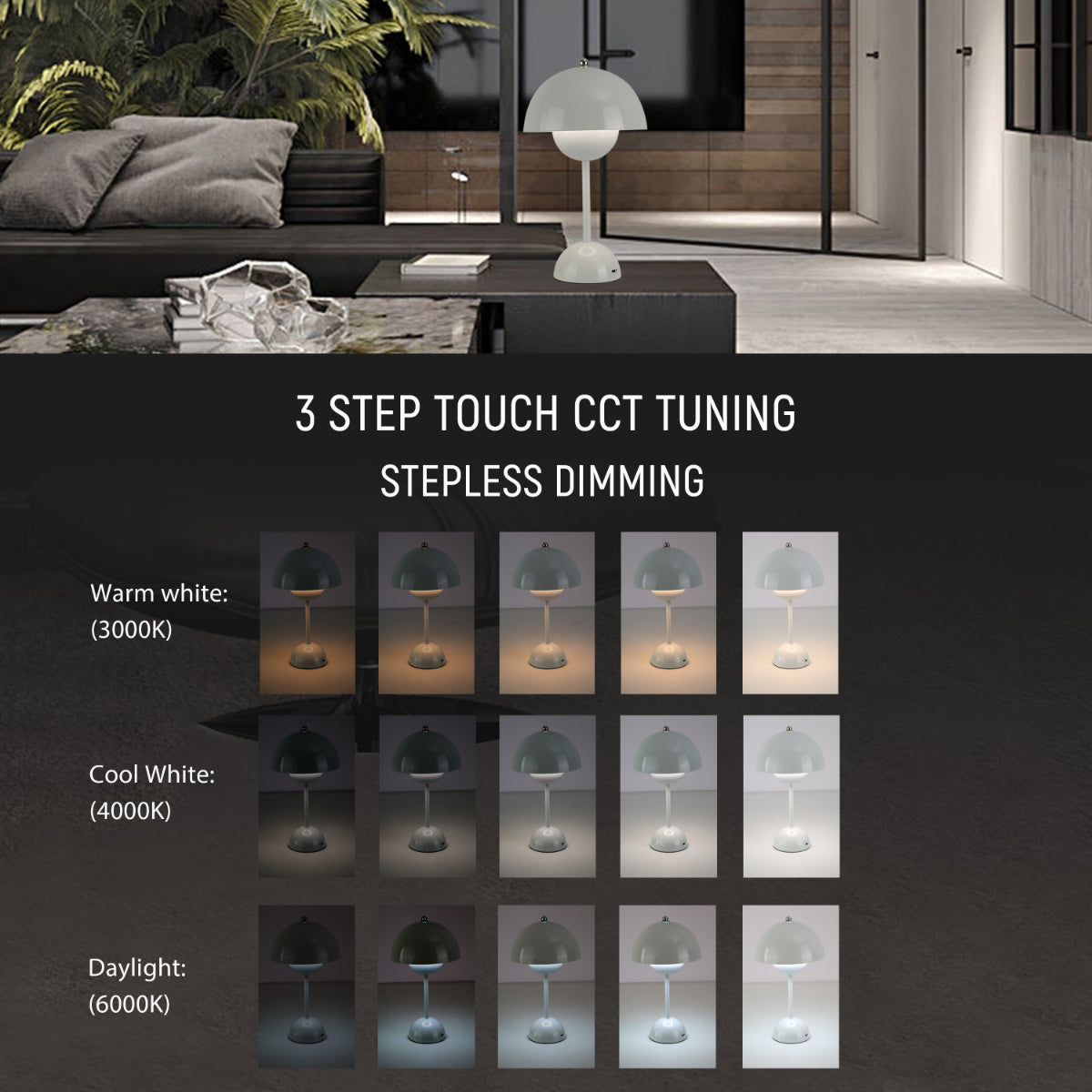 Lámpara de mesa esférica LED de doble color, perfecta para espacios modernos como salas de estar o oficinas elegantes.