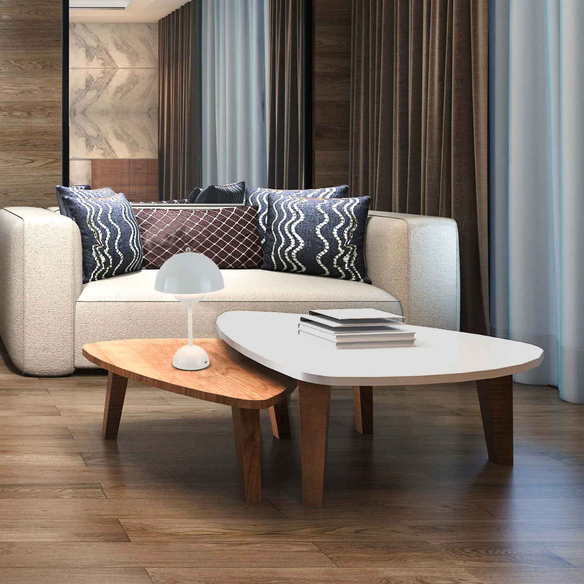 Lámpara de mesa esférica LED en uso, perfecta para sala de estar contemporánea, aportando elegancia y funcionalidad al decorado.