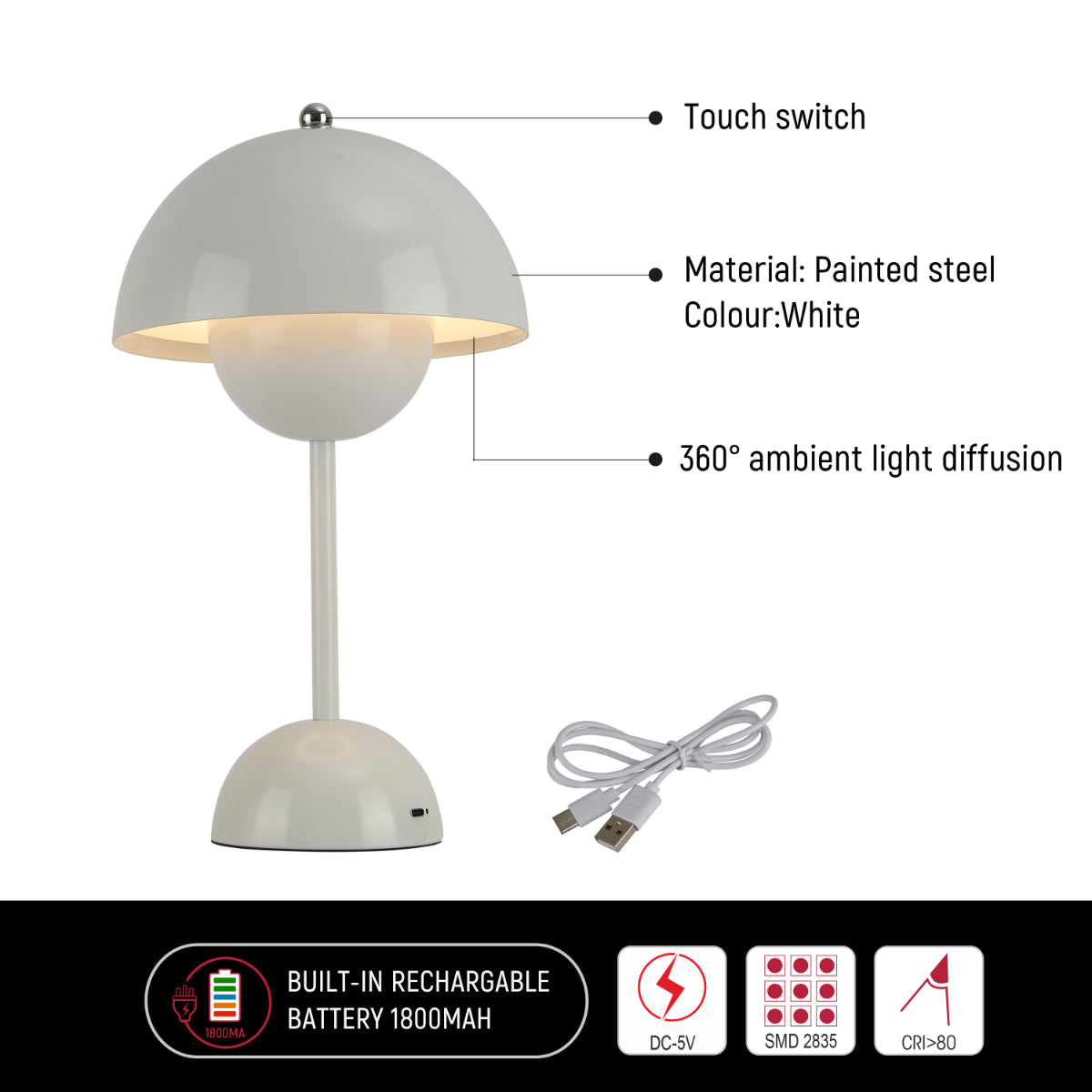 Dibujo técnico de lámpara de mesa esférica LED, mostrando dimensiones y detalles de instalación para un ambiente moderno y elegante.