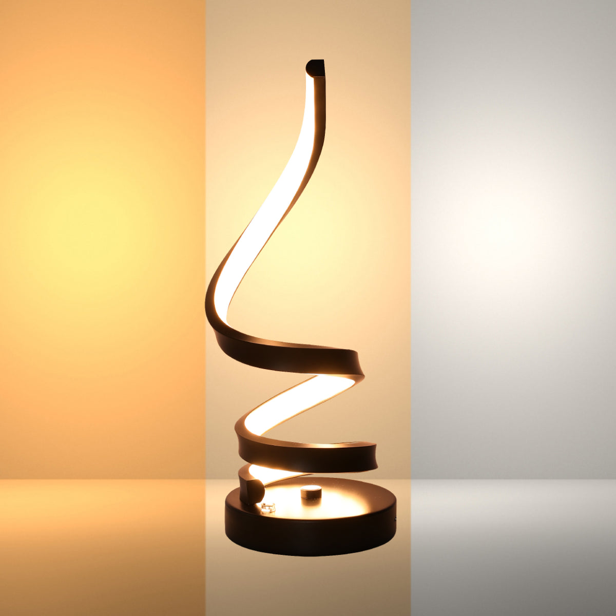 Lámpara de mesa LED en espiral contemporánea, con acabado negro, ideal para oficinas modernas y espacios de trabajo.