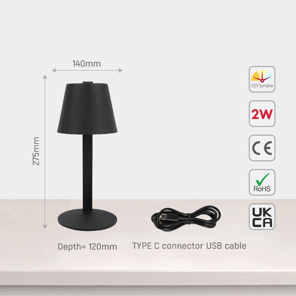 Lámpara de mesa LED portátil y solar, perfecta para exteriores, ideal para terrazas con estilo contemporáneo.