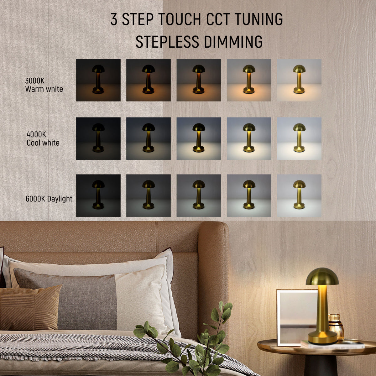 Lámpara de mesa recargable de acero en forma de hongo, perfecta para espacios modernos y acogedores, ideal para salas de estar o dormitorios.