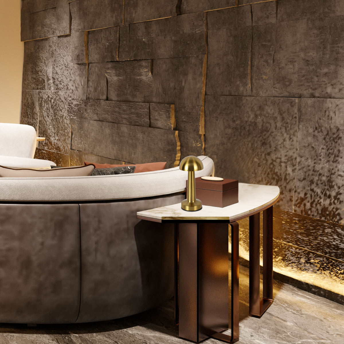 Lámpara de mesa recargable en acero con forma de hongo, ideal para espacios modernos y acogedores. Perfecta para escritorios y mesas de noche.