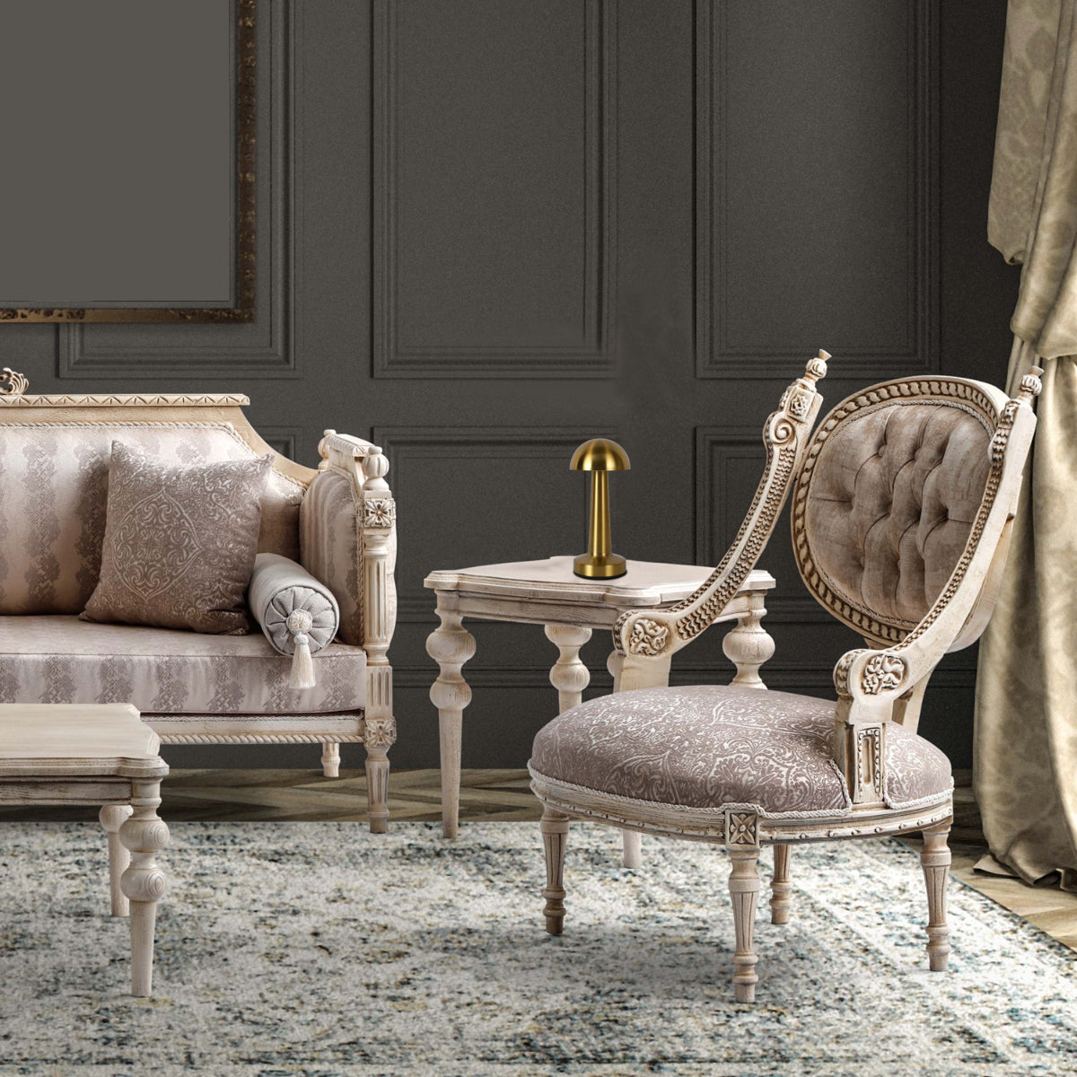 Lámpara de mesa portátil de acero en forma de hongo, ideal para iluminar espacios contemporáneos como salas o mesas de café.