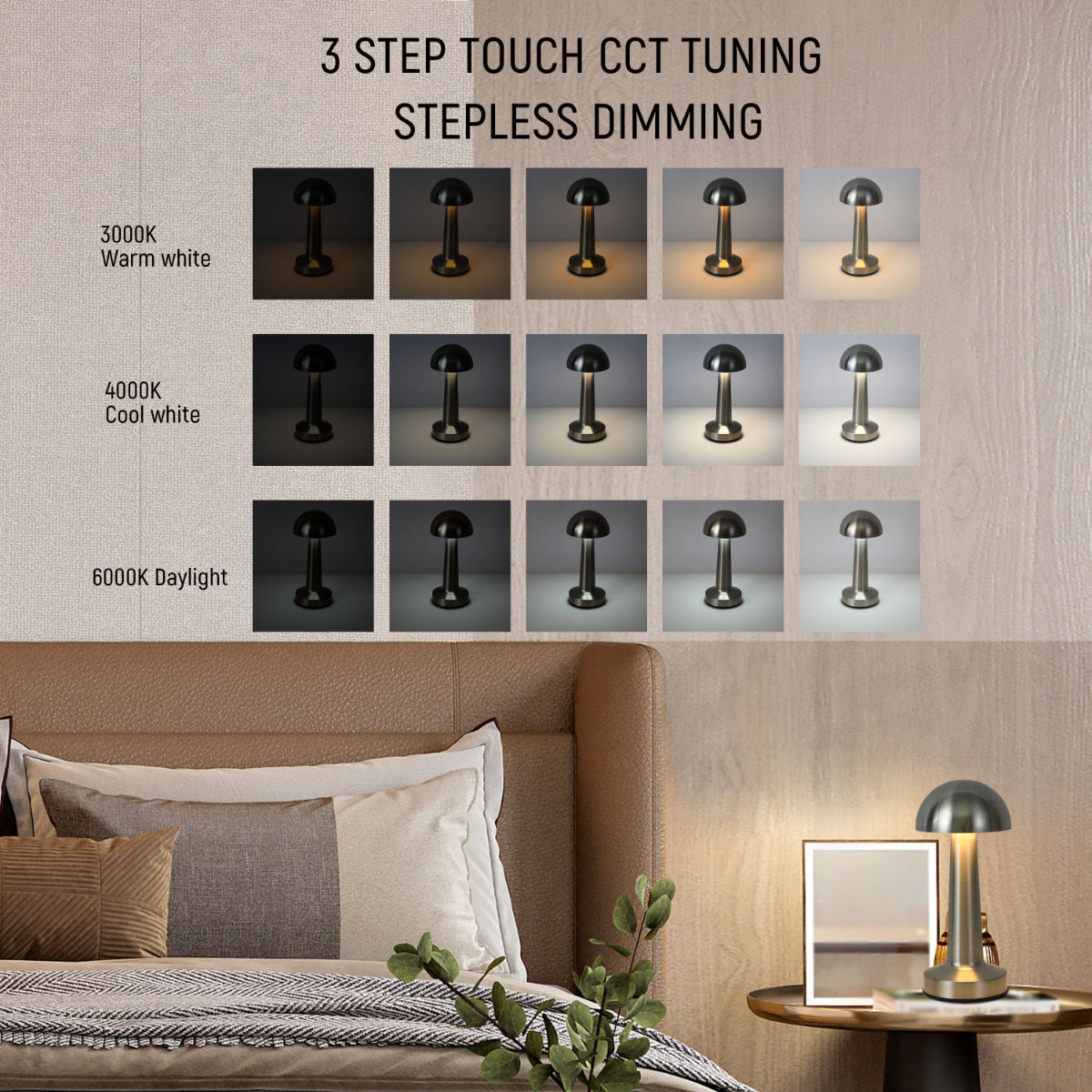 Lámpara de mesa portátil de acero en forma de hongo, ideal para salas de estar con decoración moderna y elegante.