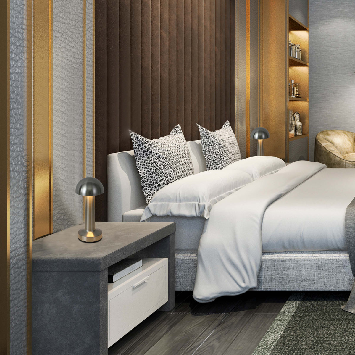 Lámpara de mesa de acero con forma de hongo, ideal para un ambiente moderno en sala o dormitorio. Diseño elegante y funcional.