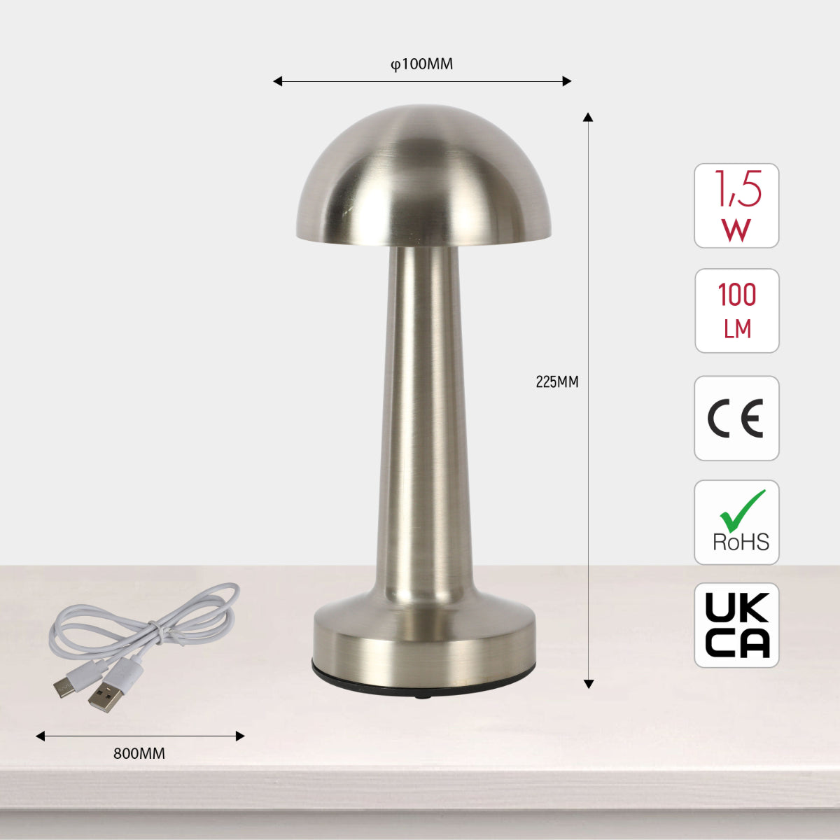 Lámpara de mesa recargable en acero con forma de hongo, perfecta para espacios contemporáneos y habitaciones acogedoras.