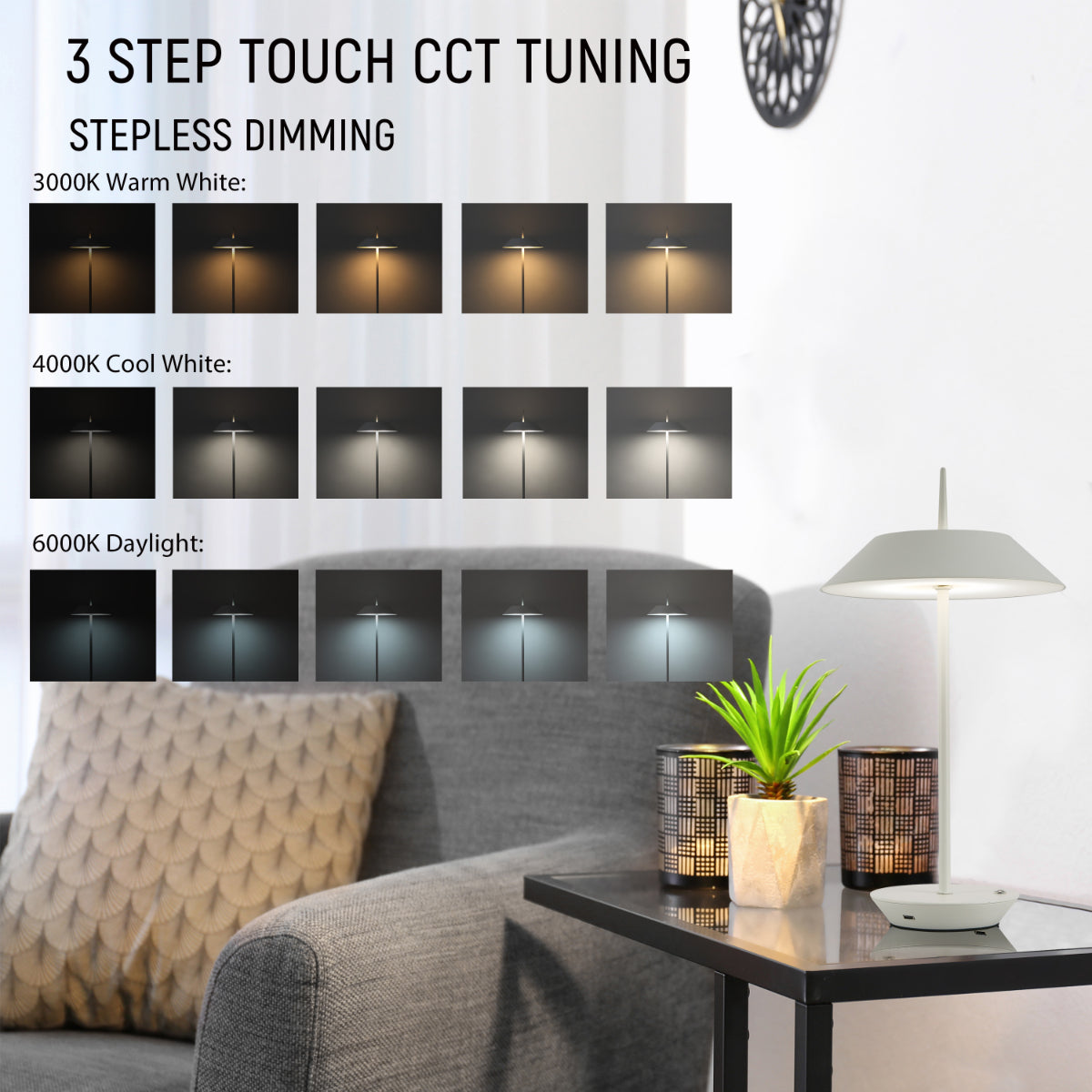 Lámpara de mesa táctil Eclipse, perfecta para oficinas modernas, con diseño elegante y funcionalidad intuitiva.