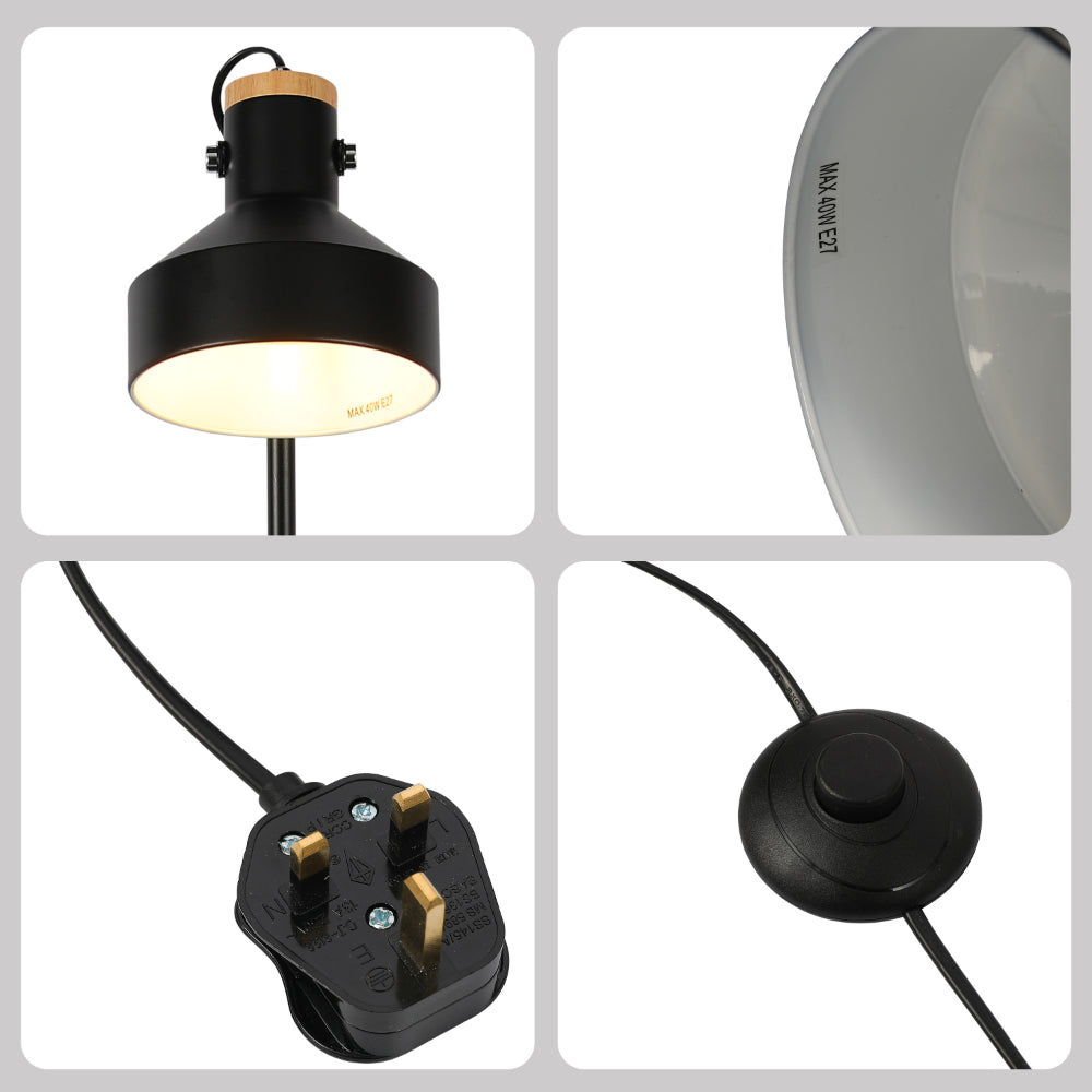 Lámpara de pie minimalista con acento de madera, ideal para salas de estar modernas y decoraciones contemporáneas.