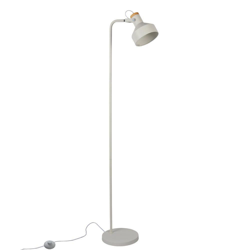 Lámpara de pie minimalista ajustable con acento de madera, perfecta para salas de estar modernas y espacios contemporáneos.