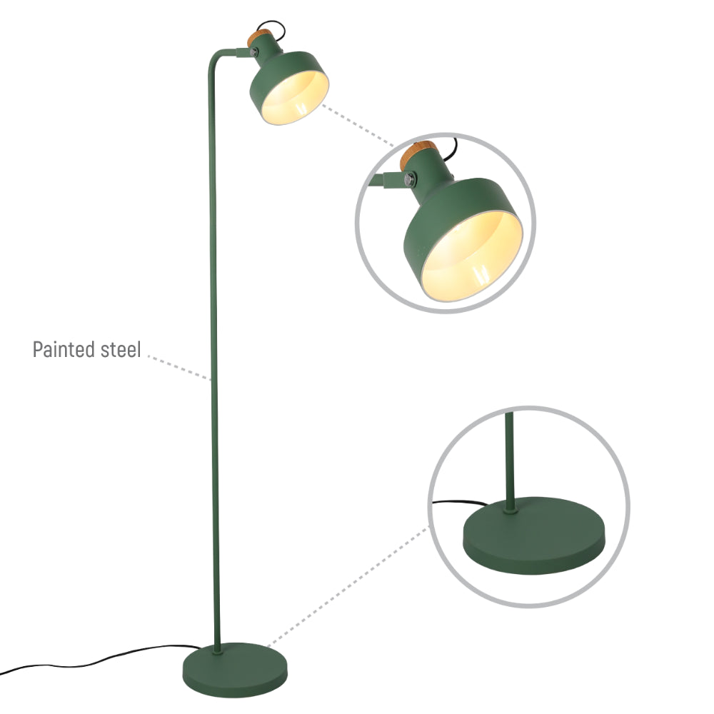 Lámpara de pie minimalista ajustable con acento de madera, perfecta para salones modernos y espacios de trabajo contemporáneos.