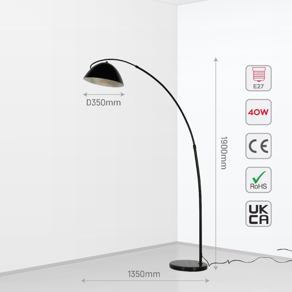 Lámpara de pie curva negra con pantalla de cúpula, ideal para salas modernas con un toque elegante.