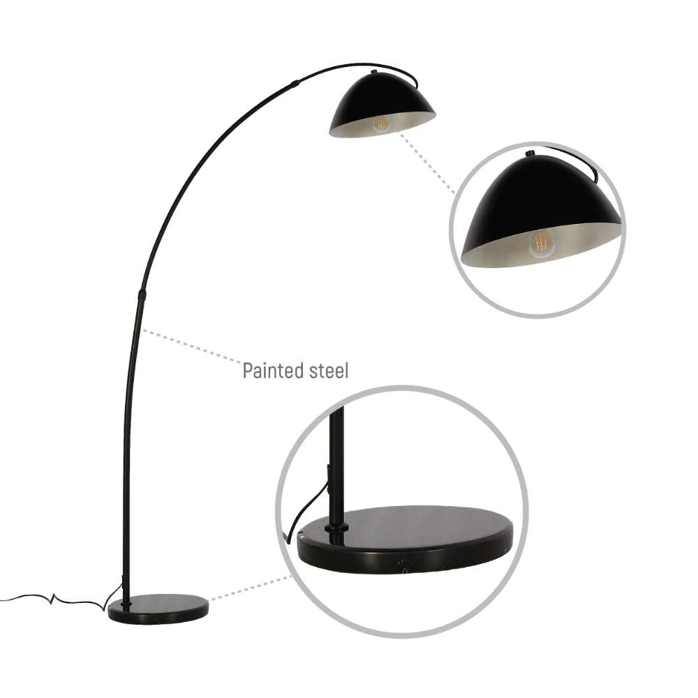 Lámpara de suelo curva negra con pantalla dome, ideal para salas modernas o rincones acogedores con estilo contemporáneo.