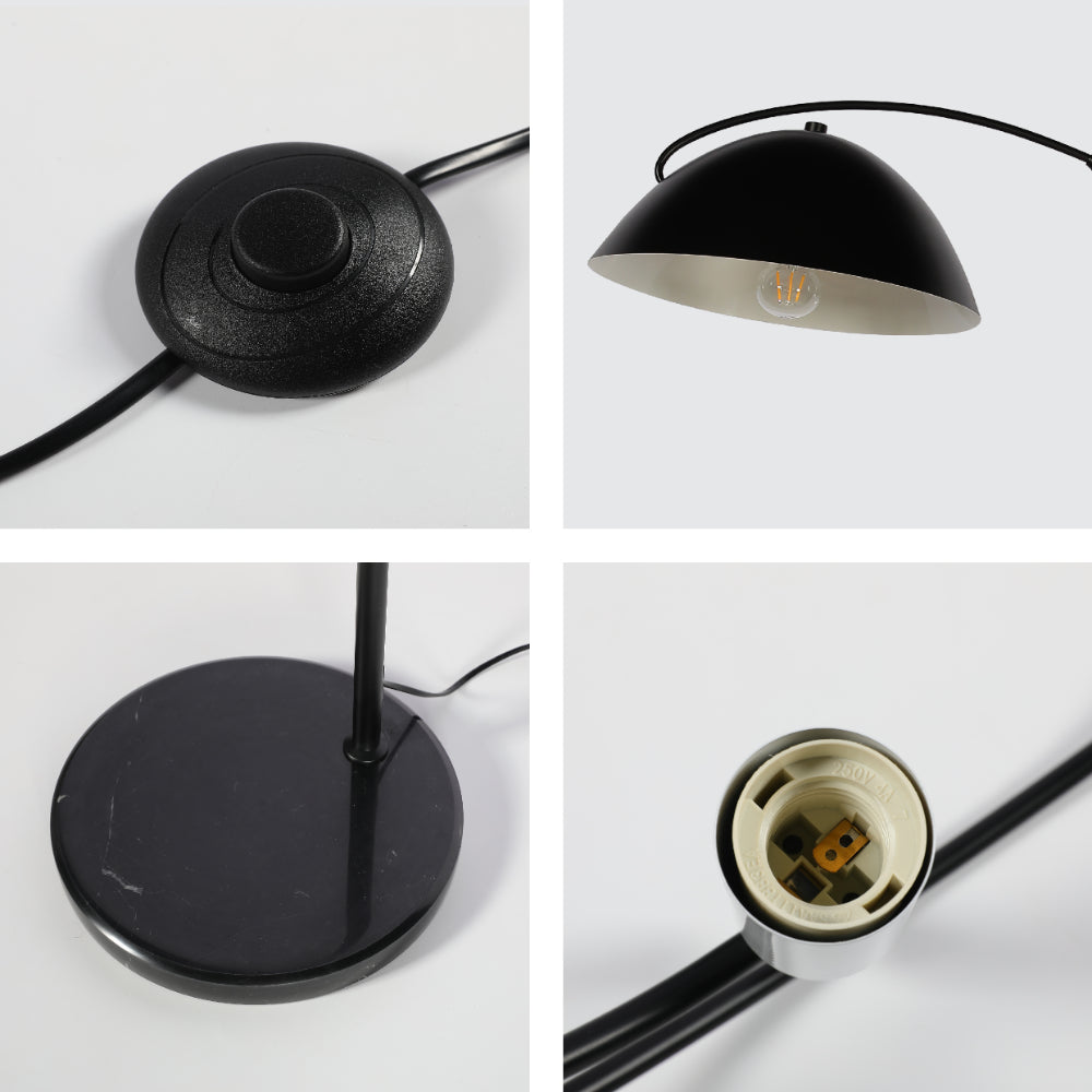 Lámpara de suelo curva negra con pantalla en cúpula, perfecta para salones modernos y elegantes.