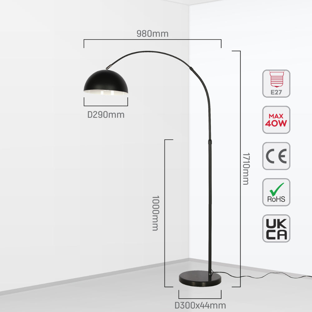 Lámpara de pie con arco curvado y pantalla domo rotativa, ideal para salas modernas y elegantes.