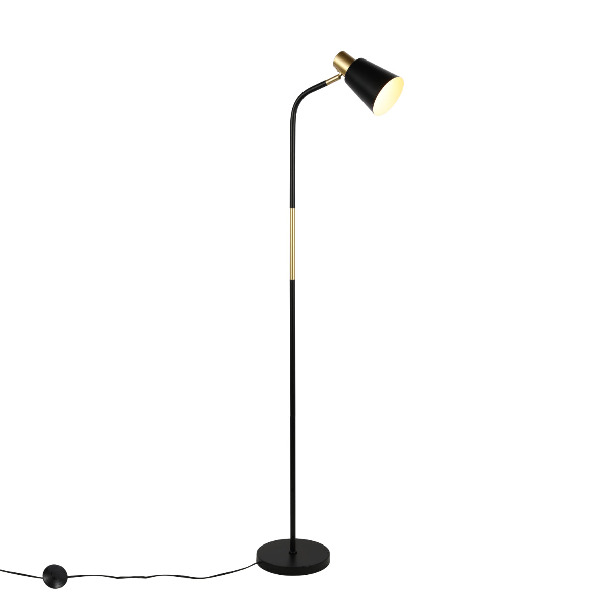 Lámpara de pie con acentos en oro, ideal para salas de estar con estilo moderno y decoraciones elegantes.