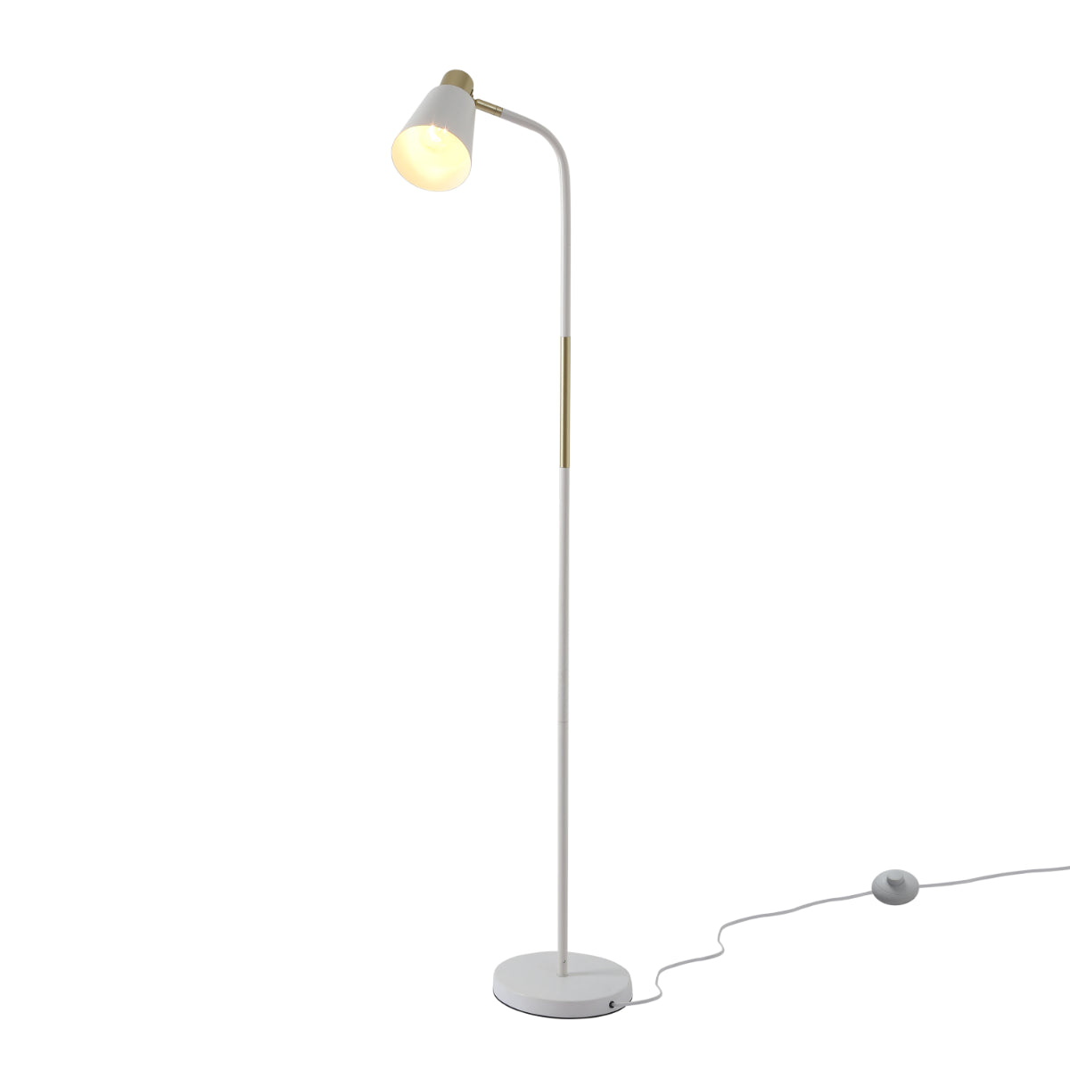 Lámpara de pie con diseño curvado y acentos dorados, ideal para salas de estar con estilo moderno y elegante.