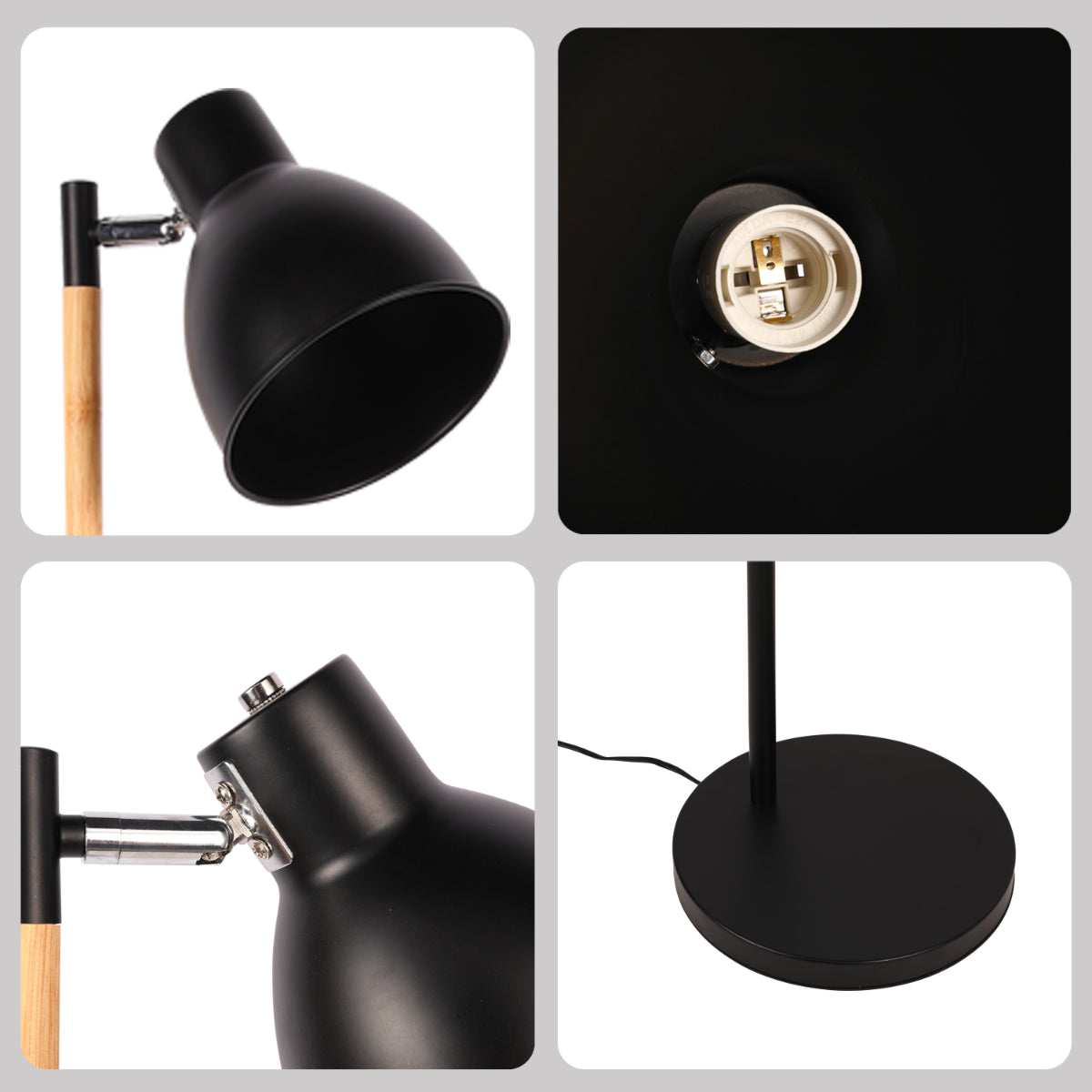 Lámpara de pie nórdica con acento de madera y pantalla rotatable, ideal para salas modernas y acogedoras.