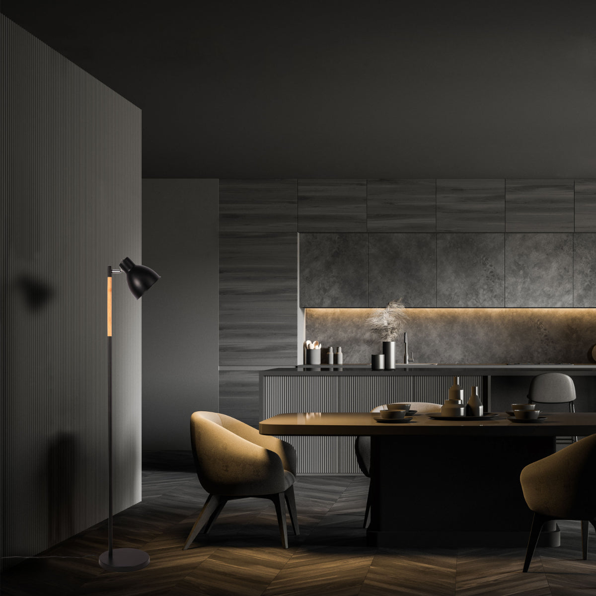 Lámpara de suelo nórdica con acento de madera en un salón moderno, ideal para iluminar espacios acogedores y contemporáneos.