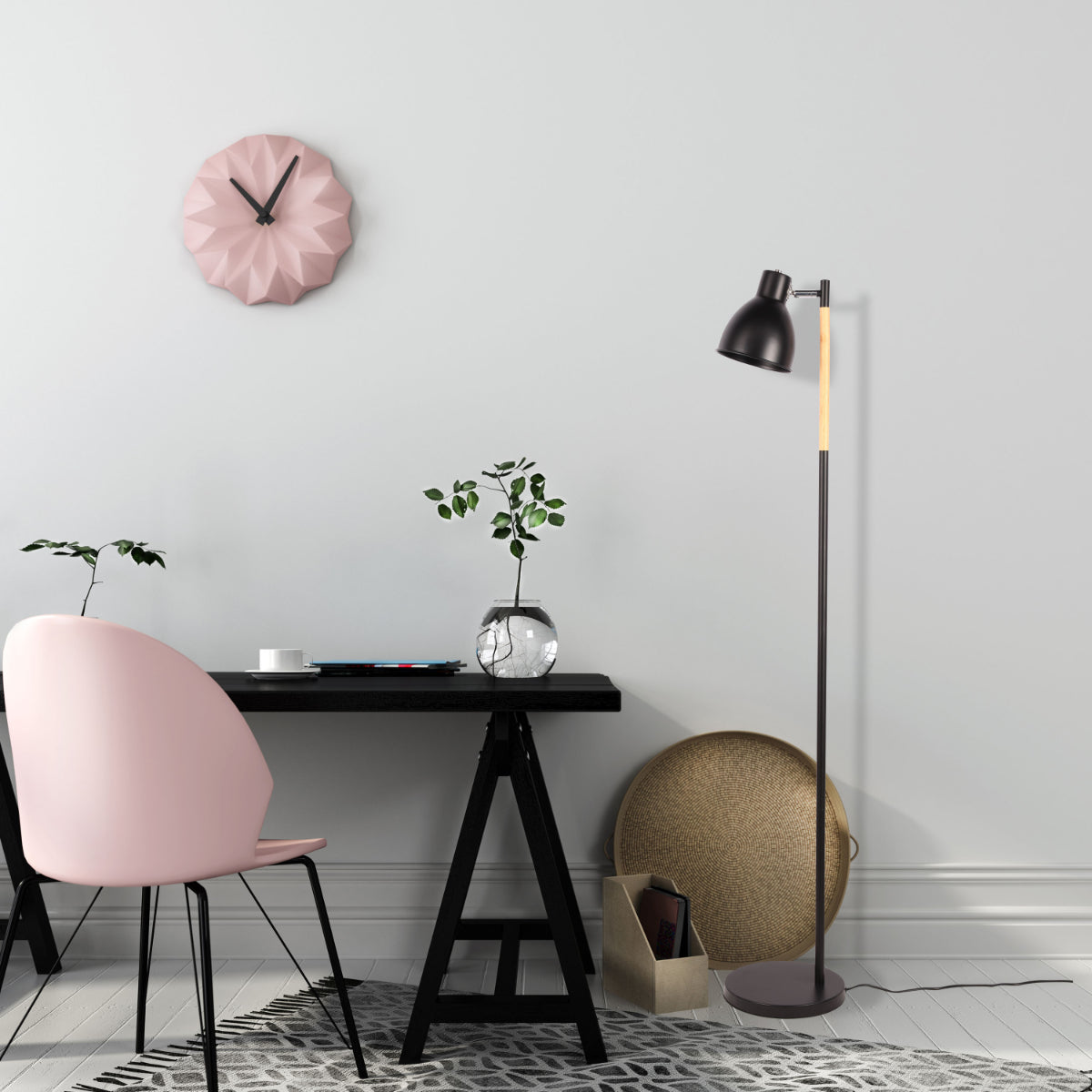 Lámpara de pie nórdica con acento de madera, ideal para salas de estar modernas, con pantalla rotatable y diseño elegante.