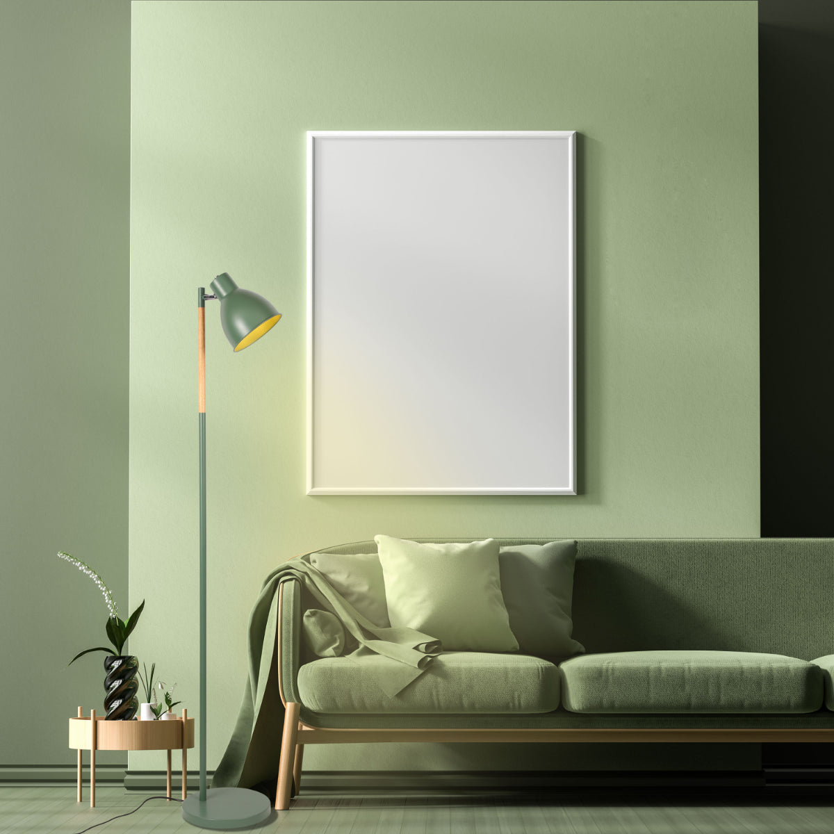 Lámpara de pie nórdica con base de madera, ideal para salas de estar modernas, aportando estilo y funcionalidad en la iluminación.