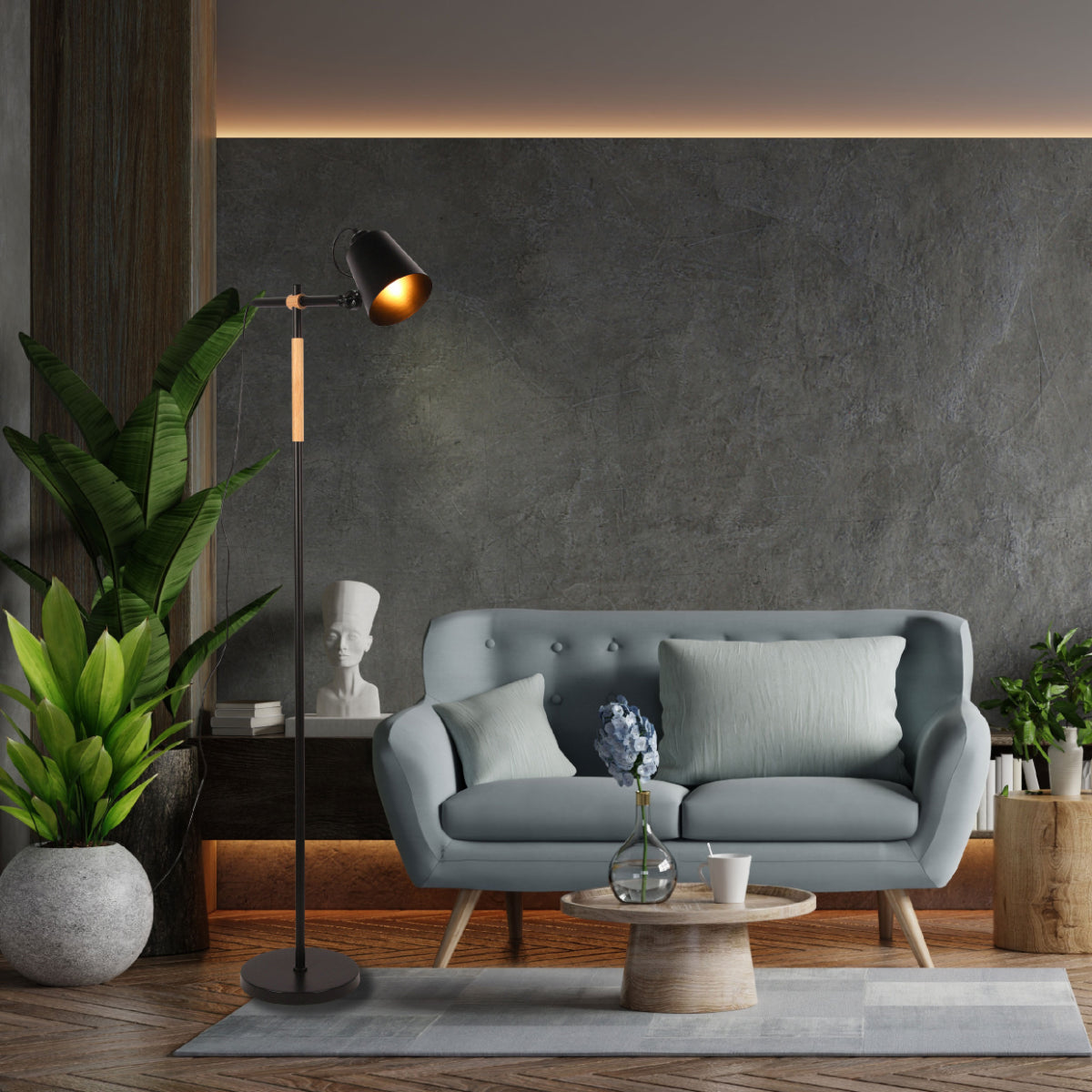 Lámpara de pie nórdica con detalles de madera de roble, ideal para salas modernas y acogedoras, aportando estilo y elegancia.