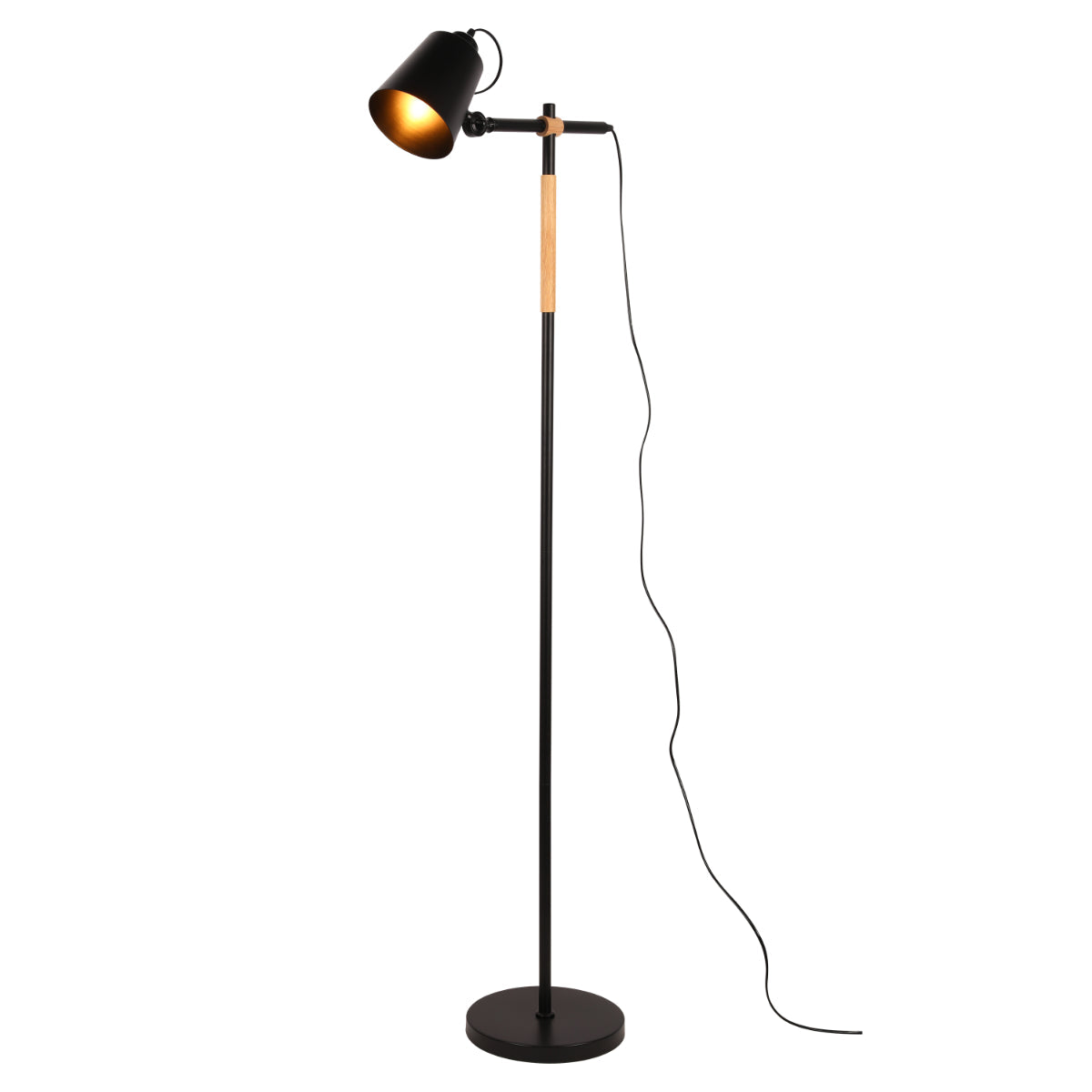 Lámpara de pie nórdica con detalles en madera de roble, ideal para salas de estar con estilo minimalista y moderno.