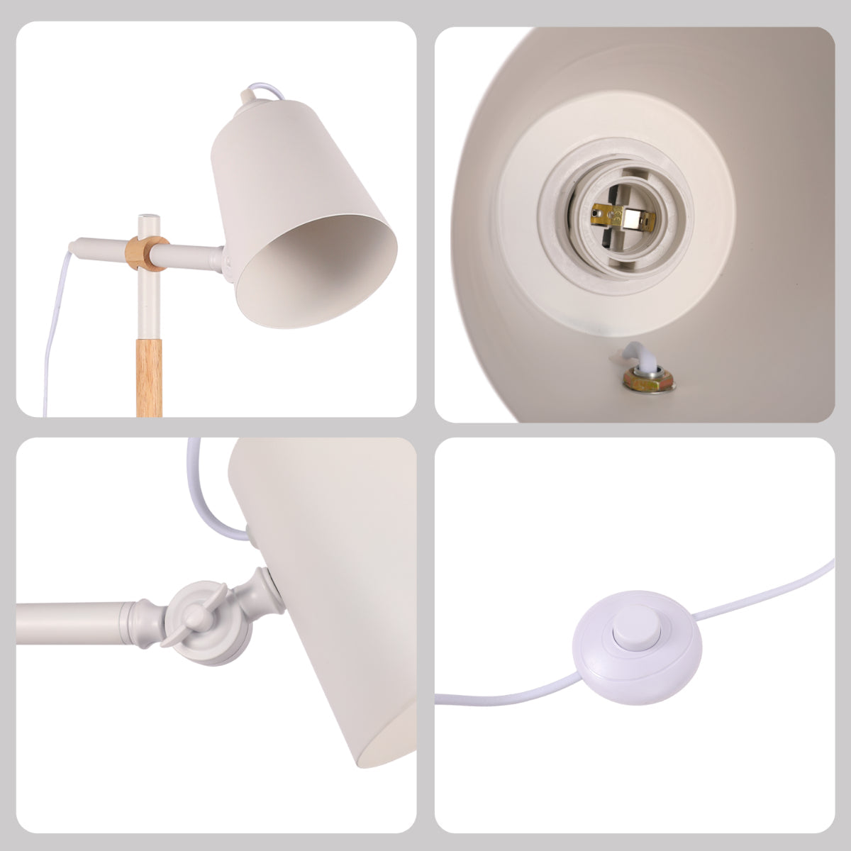 Lámpara de pie nórdica elegante con detalles en madera de roble, ideal para salones de estilo moderno y minimalista.