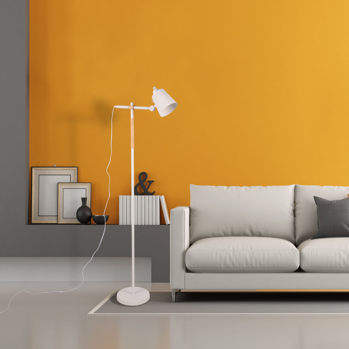 Lámpara de pie nórdica con detalles de madera de roble, perfecta para espacios modernos y elegantes como salas de estar o estudios.