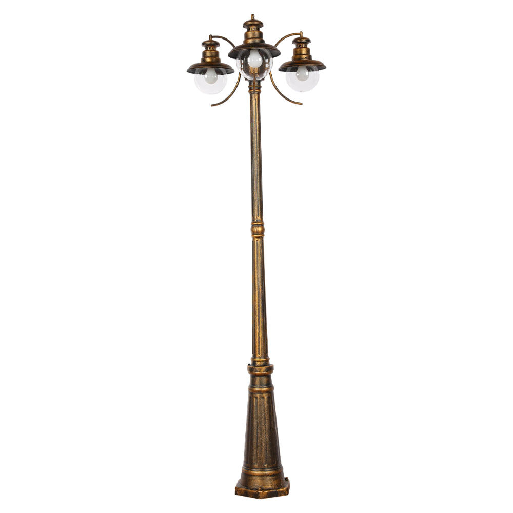 Lámpara de poste de jardín negra con detalles dorados, ideal para iluminar caminos en exteriores con estilo contemporáneo.