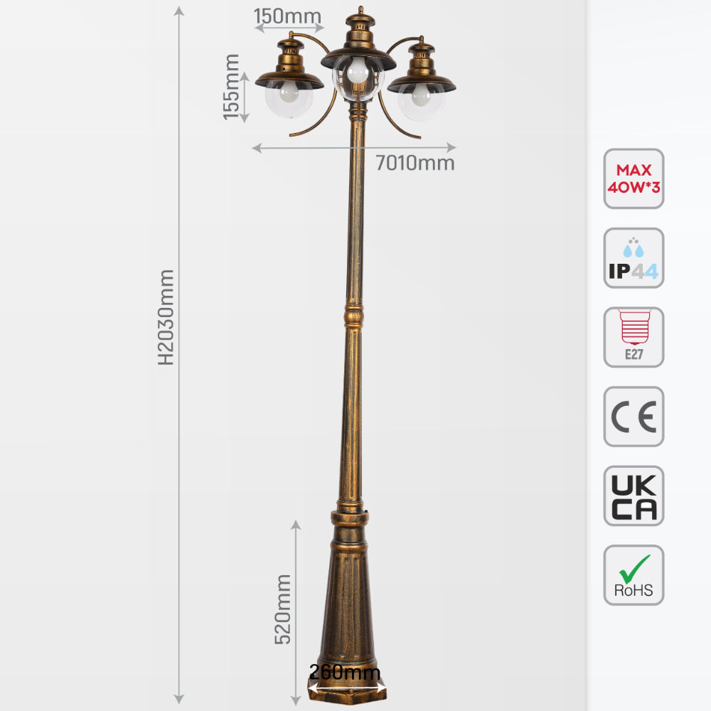 Lámpara de jardín de estilo moderno, ideal para caminos al aire libre, con base negra y detalles dorados, perfecta para decorar exteriores.